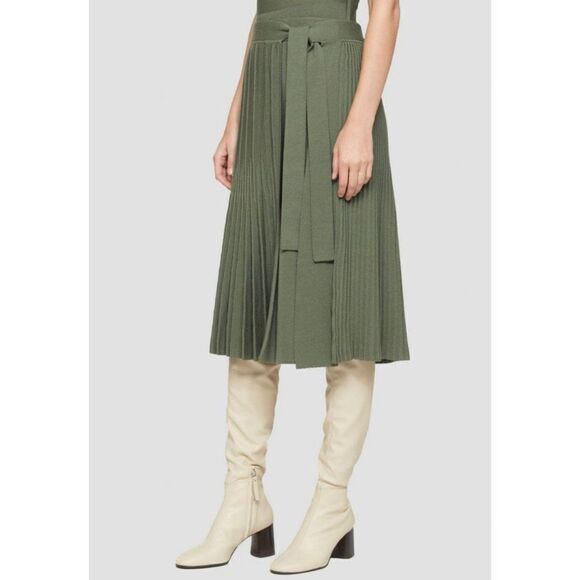 3.1 Phillip Lim Wool Blend Pleated Tie Waist A-Line Skirt in Army Green - Picture 3 of 11